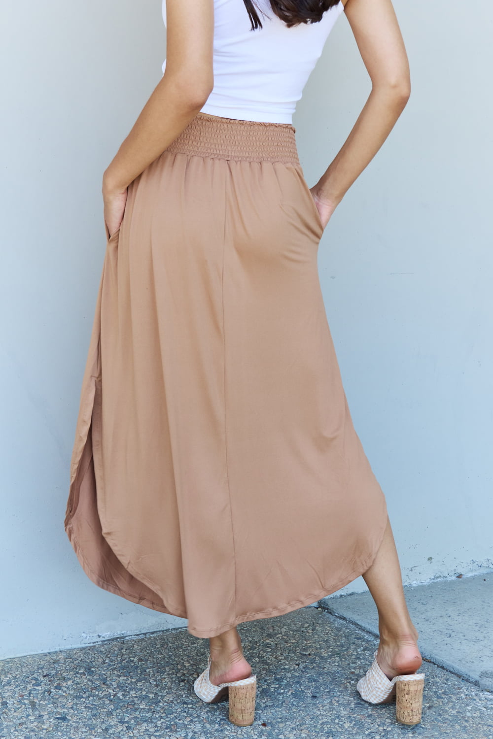 Doublju Comfort Princess Full Size High Waist Scoop Hem Maxi Skirt in Tan 7ddde9abfe014f1081e9a4f65017b033-Max