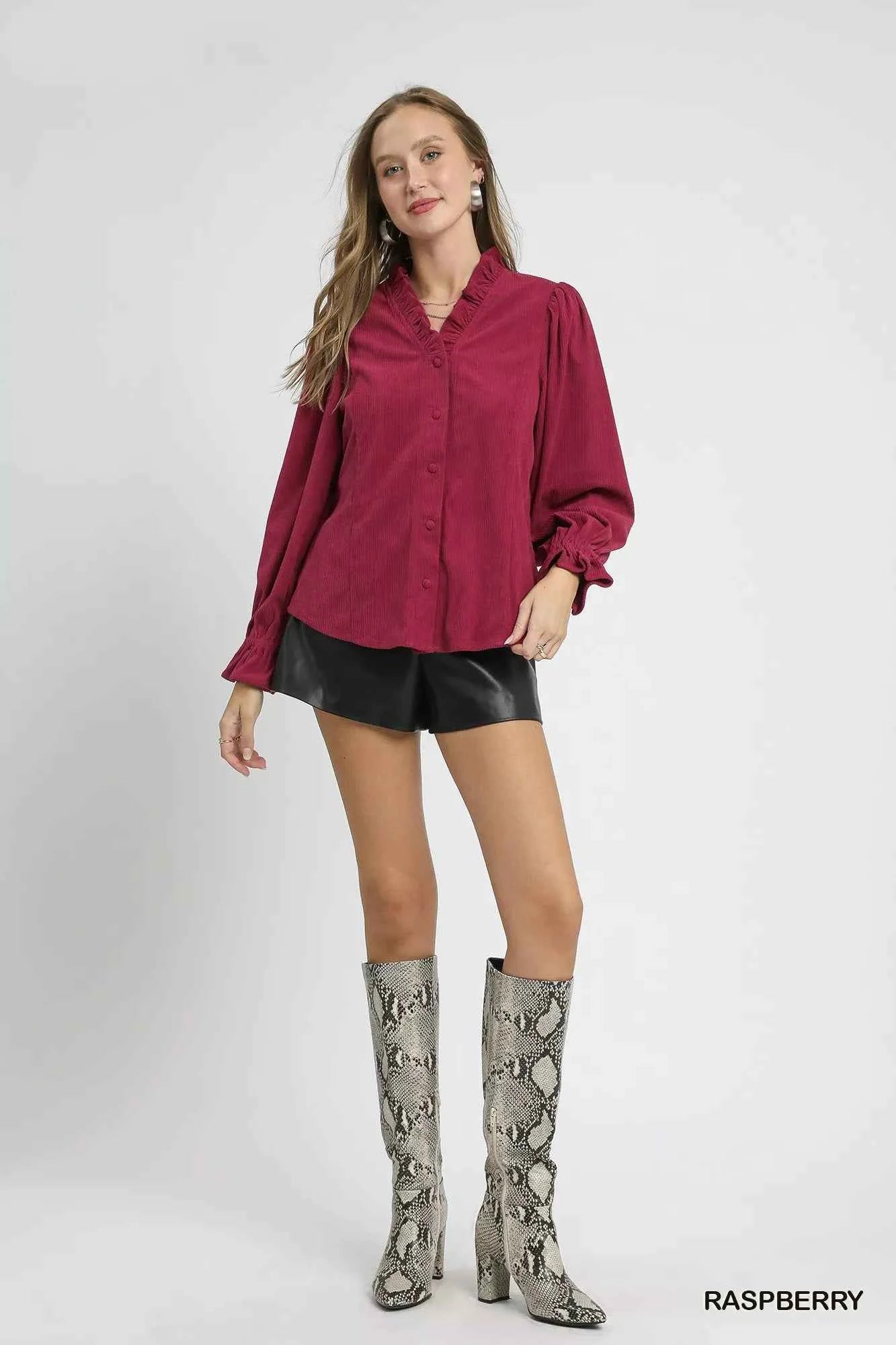 Umgee Corduroy Ruffle Shirt with Long Puff Sleeves 7ddf2210-209d-4c44-8a9a-218f3cf269c6-Max-Origin