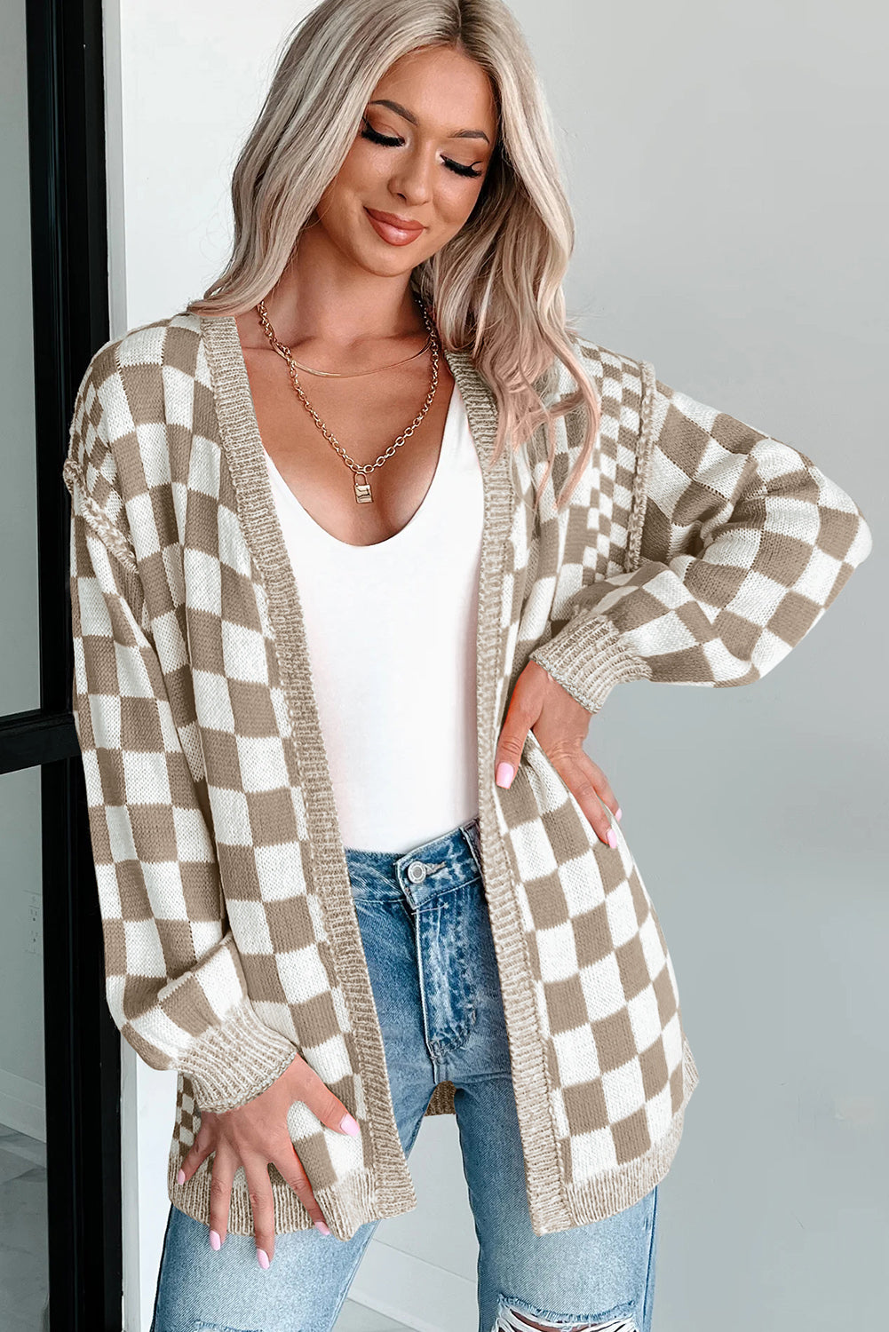 Orange Checkered Open Front Drop Shoulder Cardigan 7de4bd601c6daef1