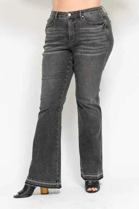 Judy Blue Full Size Mid Rise Tummy Control Washed Gray Release Hem Flare Jeans Plus Size 7df127a7-a2de-4800-a9ae-62abdaef6d65-Max-Origin