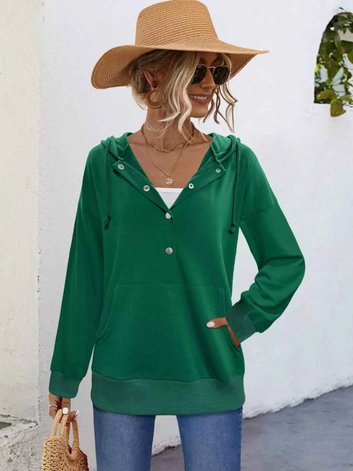 Full Size Snap-Down Hoodie with Kangaroo Pocket Plus Size Dark Green 7e0b8214-215e-4185-8160-fa184d076fd0-Max-Origin