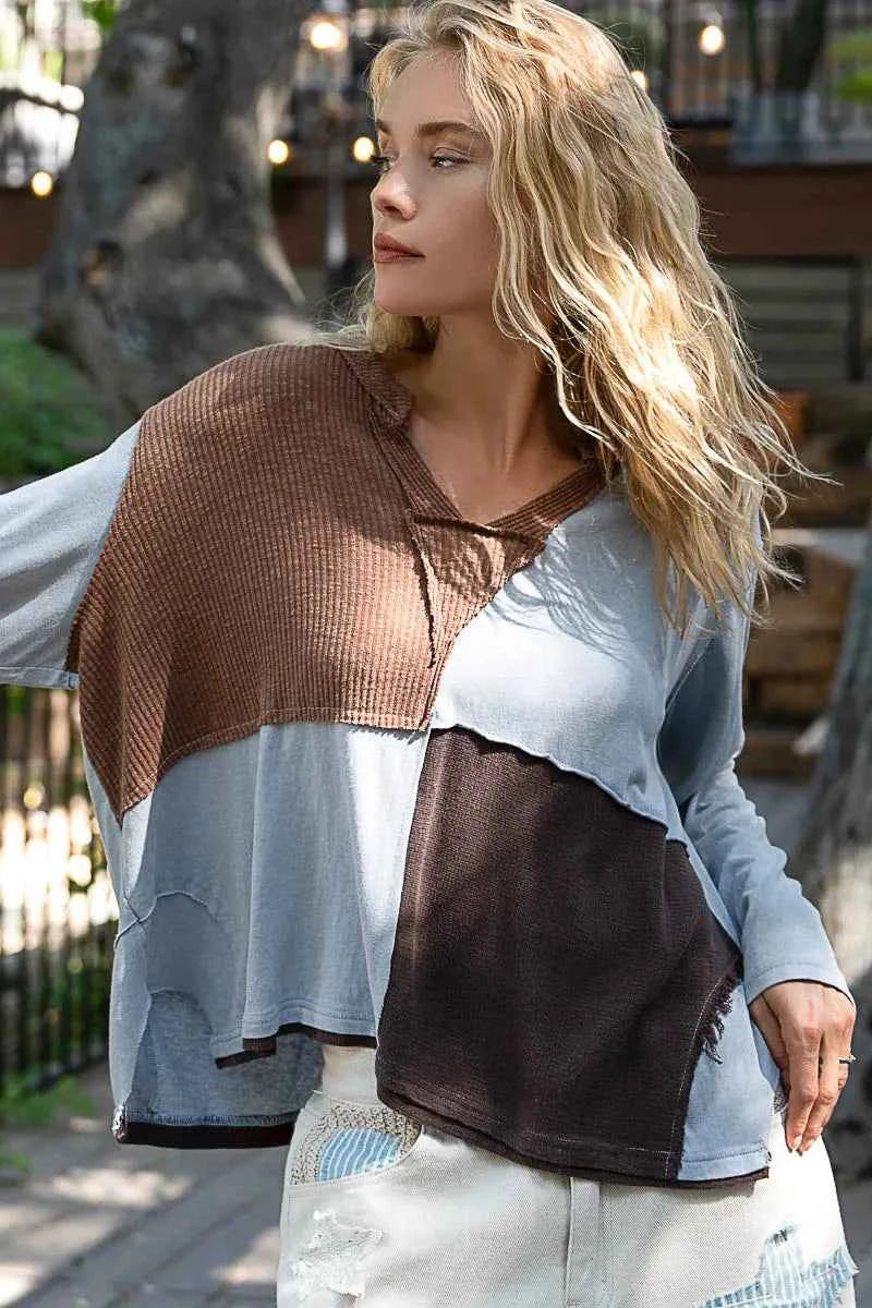 POL Color Block Notched Long Sleeve T-Shirt 7e3135f5-3760-497e-8880-cad10c4a60c3-Max-Origin