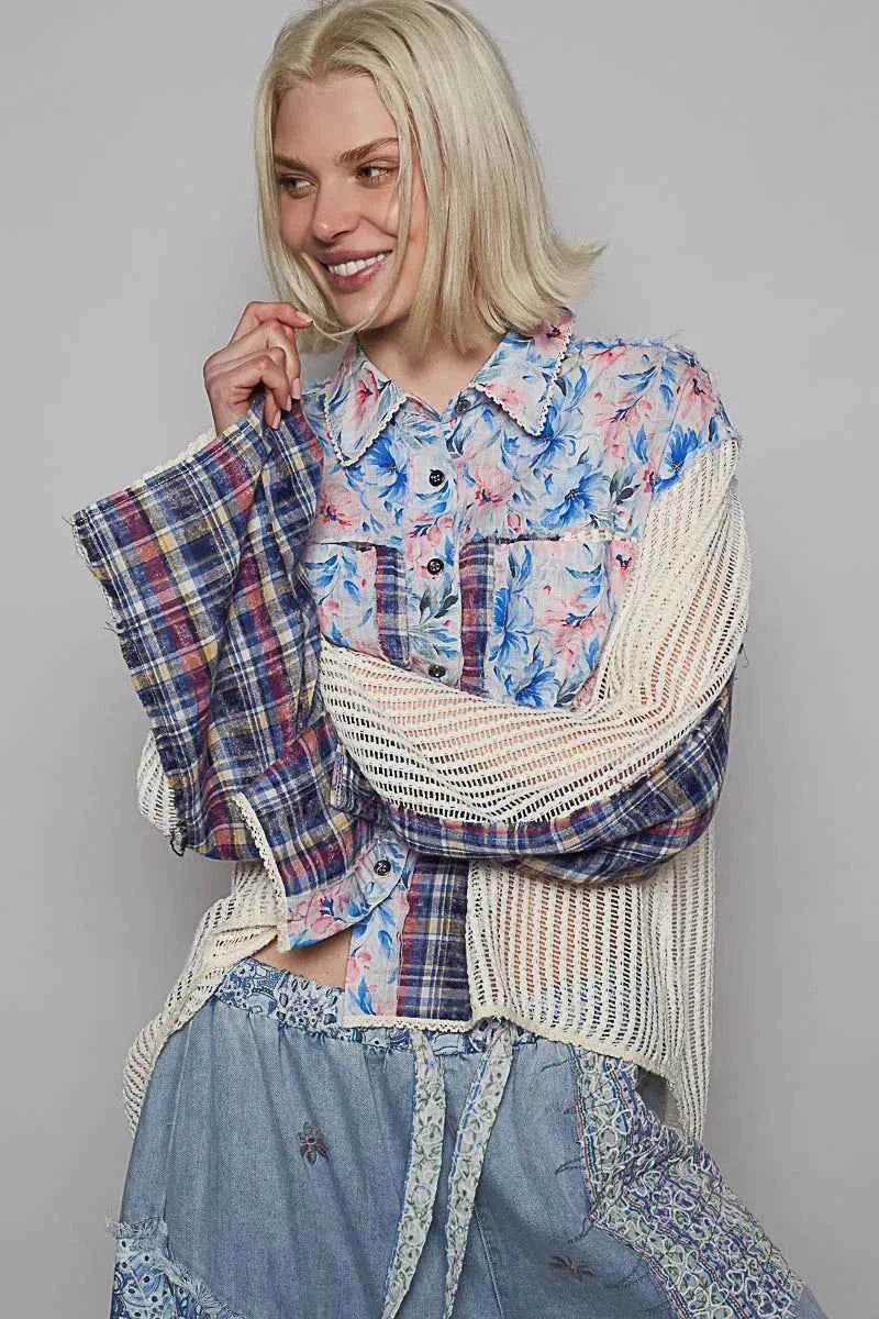 POL Floral Slit Back Plaid Patchwork Shirt Blue 7e32f575-5a4f-43db-a0a7-10af5dff86f6-Max-Origin