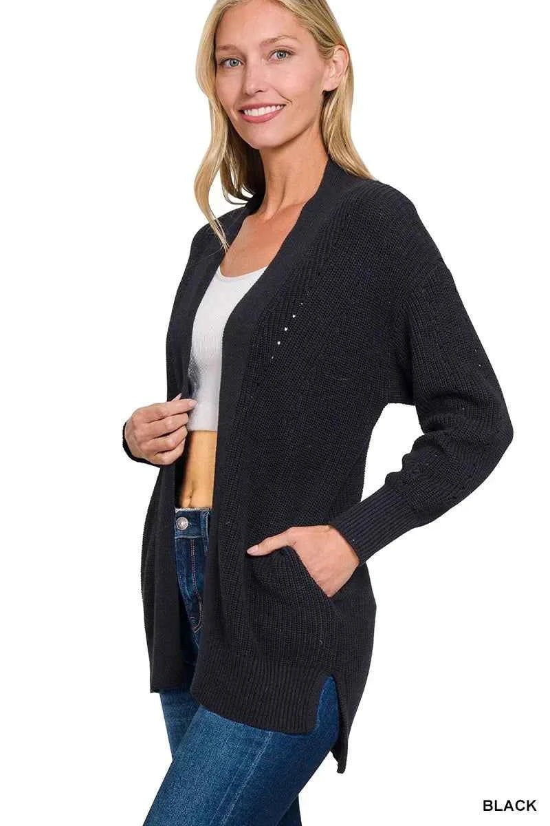 Zenana Eyelet Open Sweater Cardigan with Pockets BLACK 7e369a1211644d7bae81317e56722f38-Max-Origin