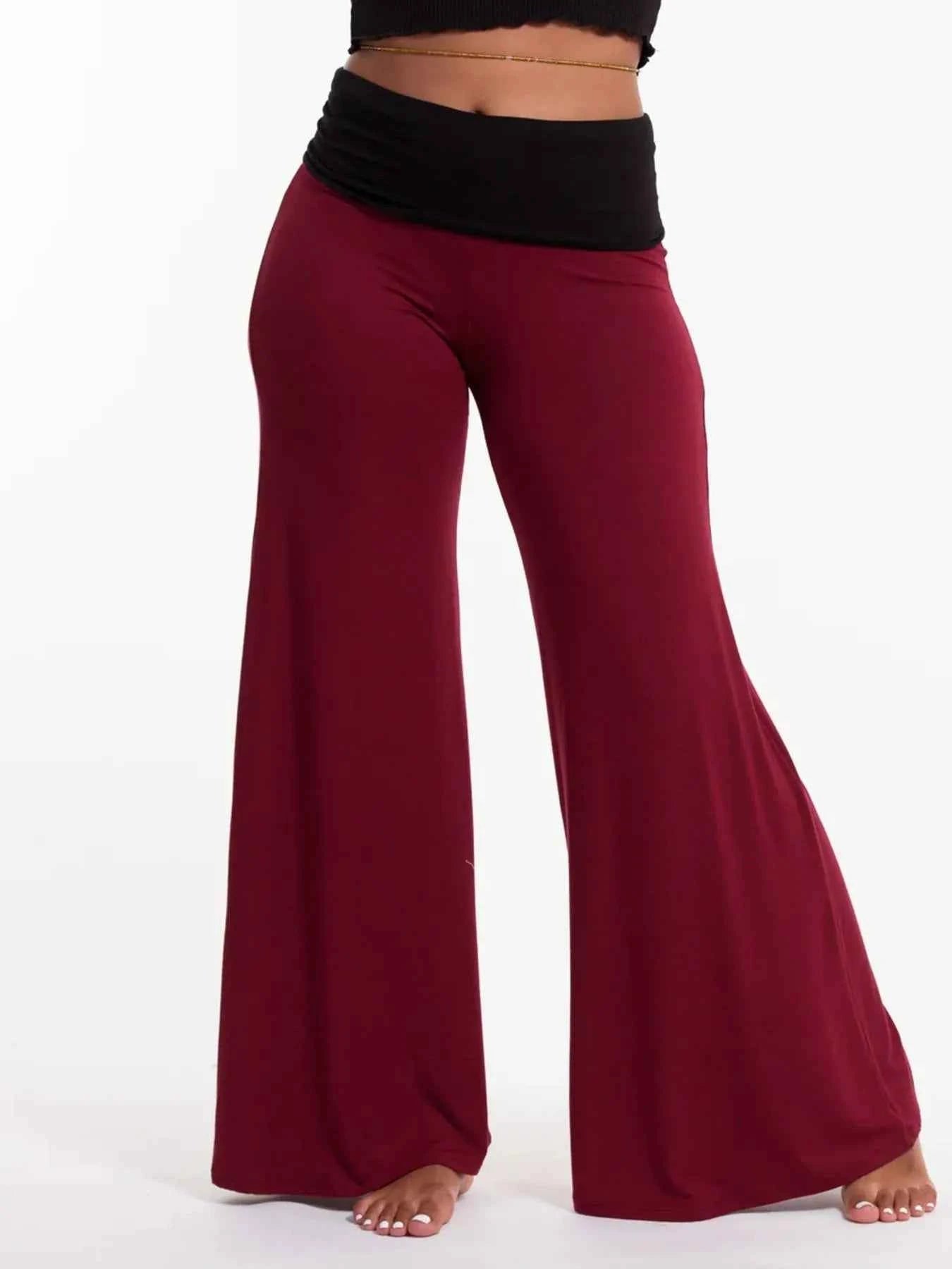 High Waisted Wide Leg Yoga Pants with Contrast Waistband Burgundy 7e468d2f-9b11-496c-a222-b3e3ce4786b4-Max-Origin