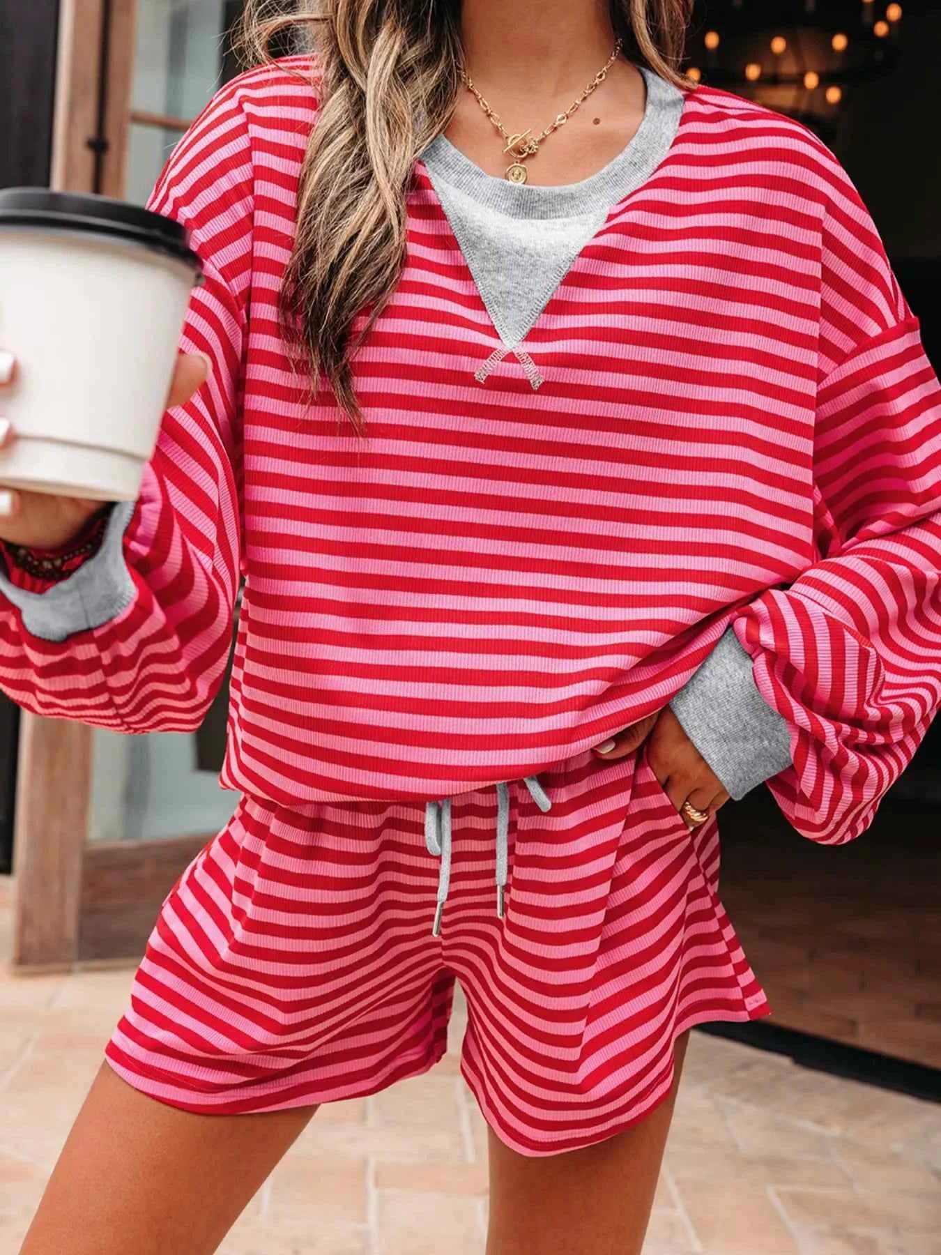 Stripe Drop Shoulder Baggy Top and Shorts Casual Set Strawberry 7e5689c3-75aa-4ace-b789-62c6d89d43c0-Max-Origin