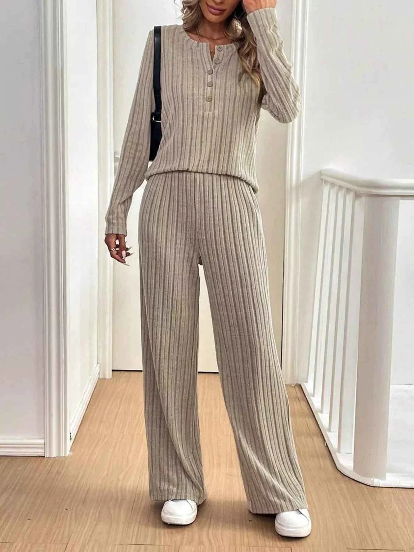 Button Detail Long Sleeve Top and Pants Set Khaki 7e622d31a1e74754a0a03fe41809d617-Max-Origin