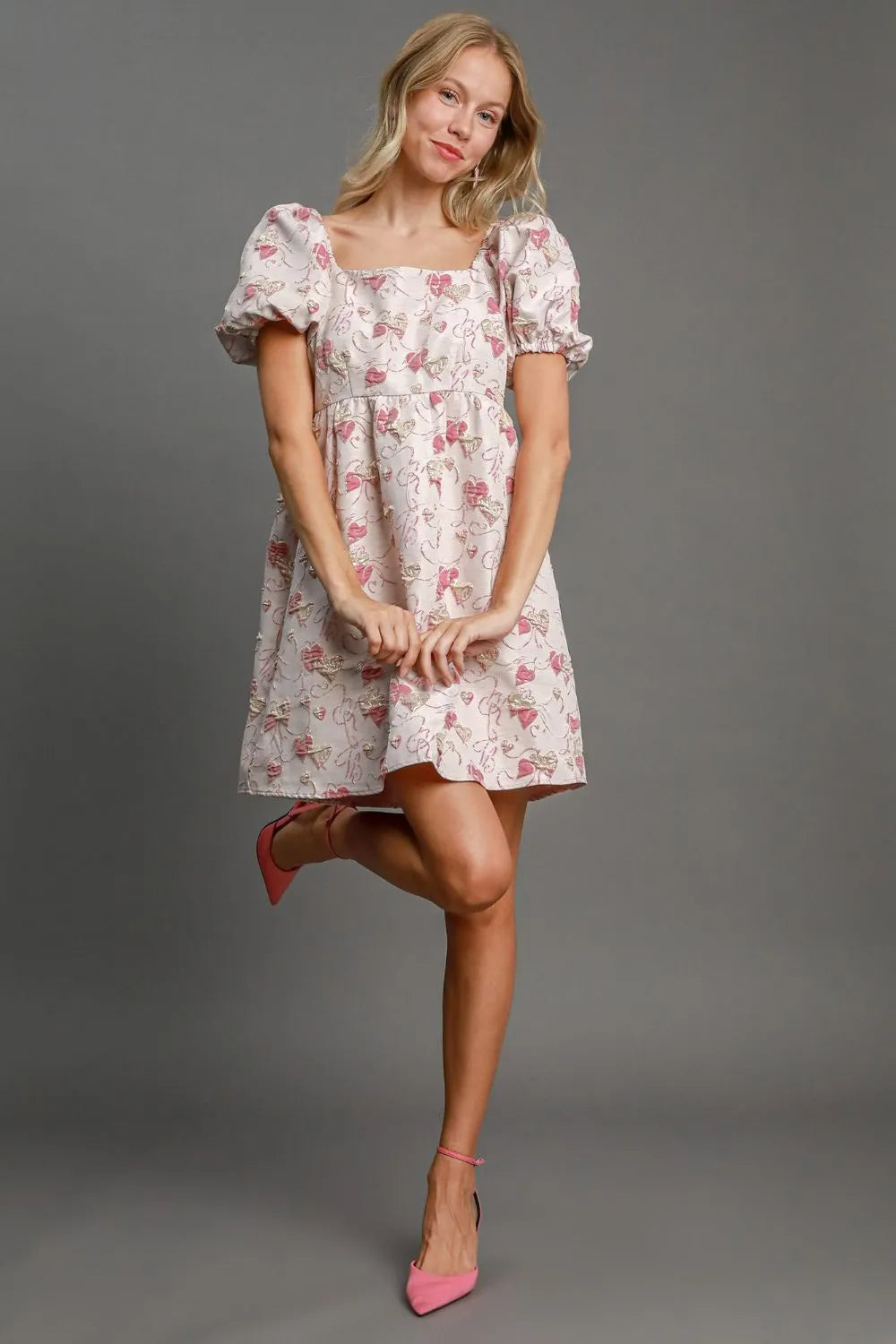 Umgee Heart Jacquard Square Neck Puff Sleeve Mini Dress Pink 7e6238b8-7ea7-4cea-90e6-c1a1682afd86-Max