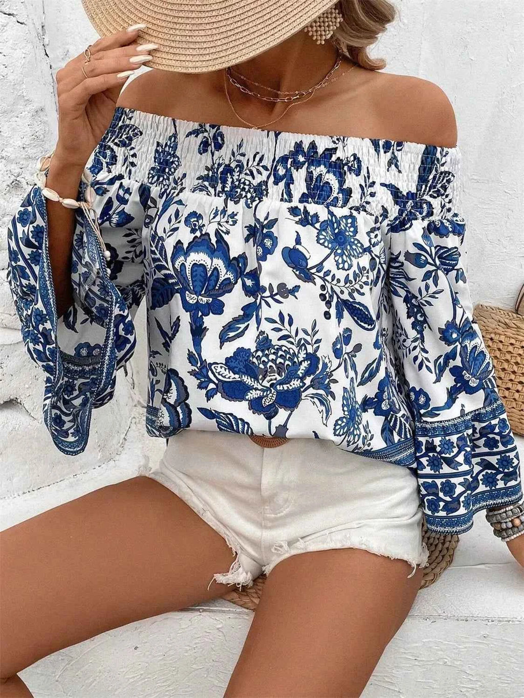 Smocked Printed Off-Shoulder Blouse 7e62a133-b427-449c-942b-5d7e4e556461-Max-Origin