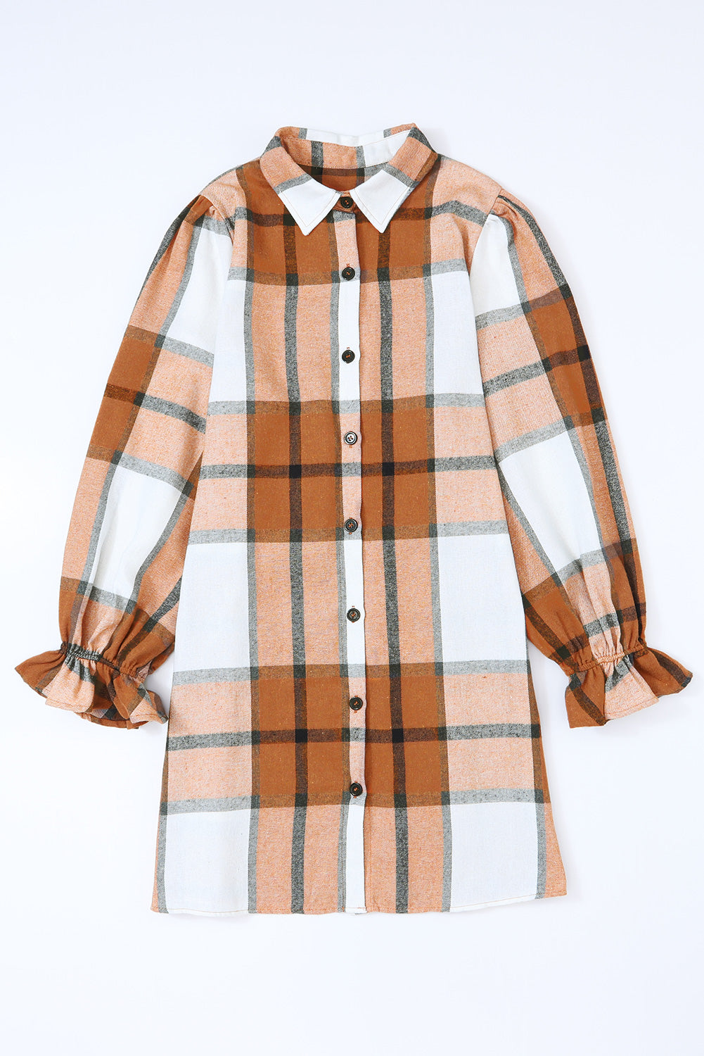 Khaki Plaid Pattern Collared Neck Ruffled Sleeve Shirt Dress 7e680446b52a918d