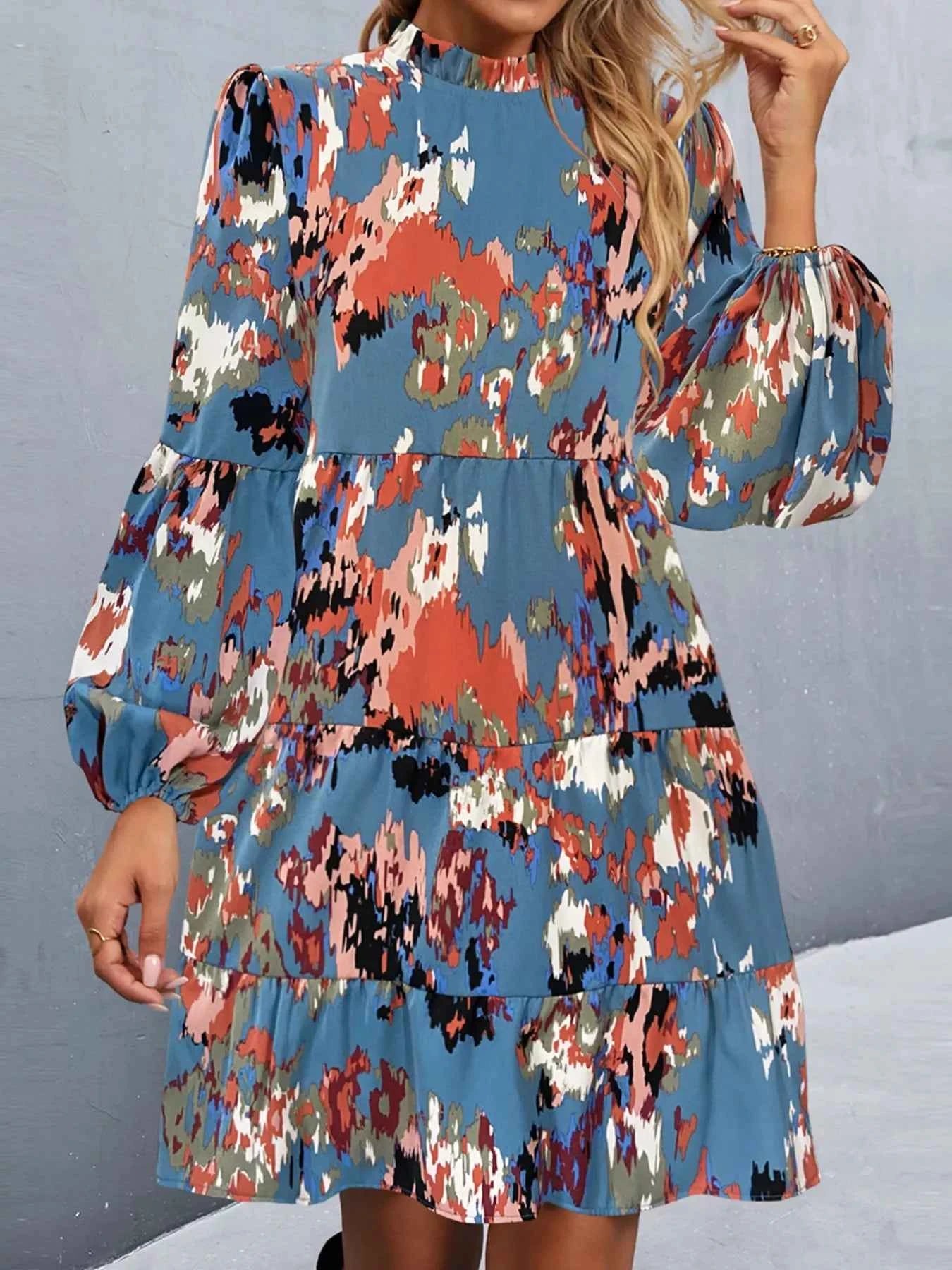 Printed Balloon Sleeve Mini Dress Dusty Blue 7e6ada18-f704-49cc-8443-9021dd9e64dc-Max-Origin