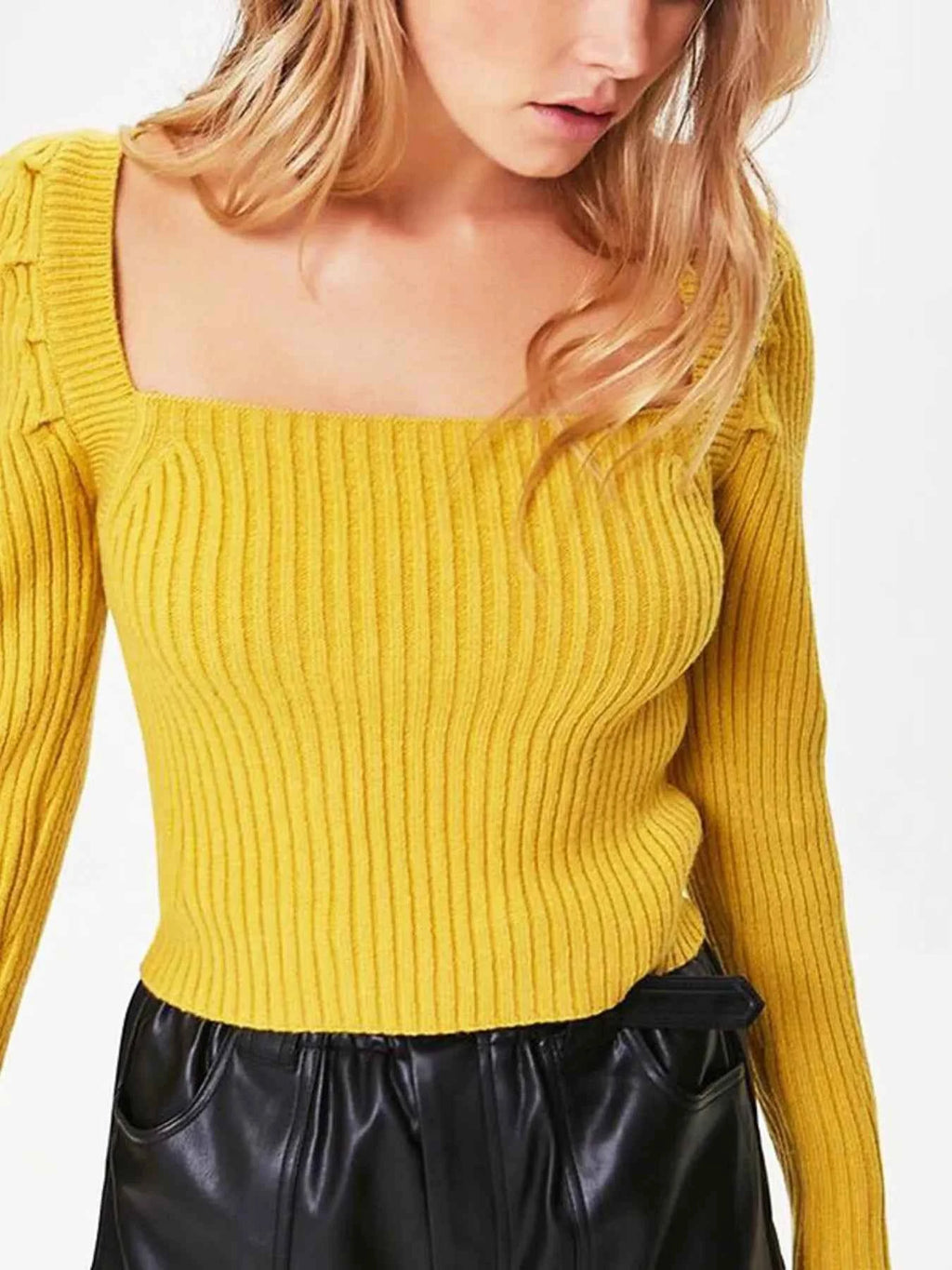 Ribbed Square Neck Long Sleeve Sweater Yellow 7e88fae5676e42b590f7fca0171db27d-Max-Origin