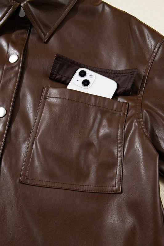 Leather Drawstring Hem Pocketed Jacket 7e973180-48fb-45f1-8797-4b9a23f563f2