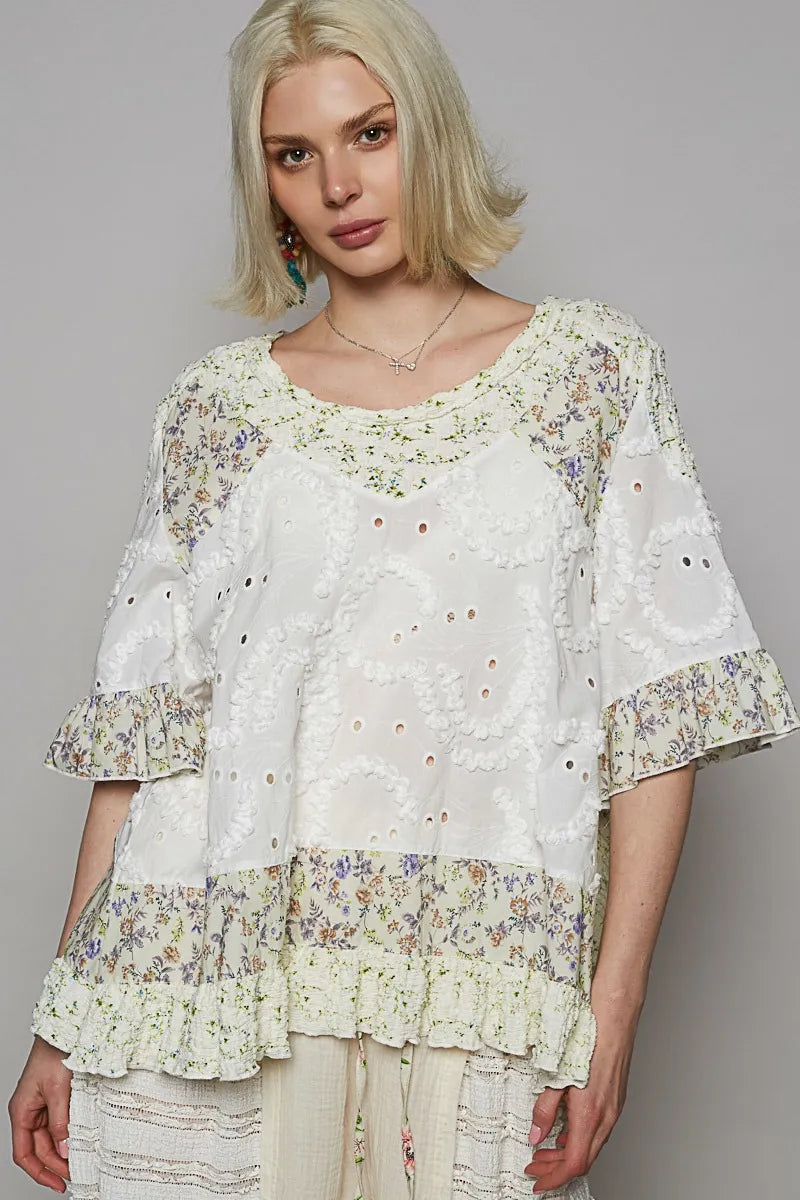 POL Floral Print Eyelet Ruffled Hem Blouse White 7eb1444c-c6d2-484a-aa05-db9b0c0d7cbb-Max-Origin