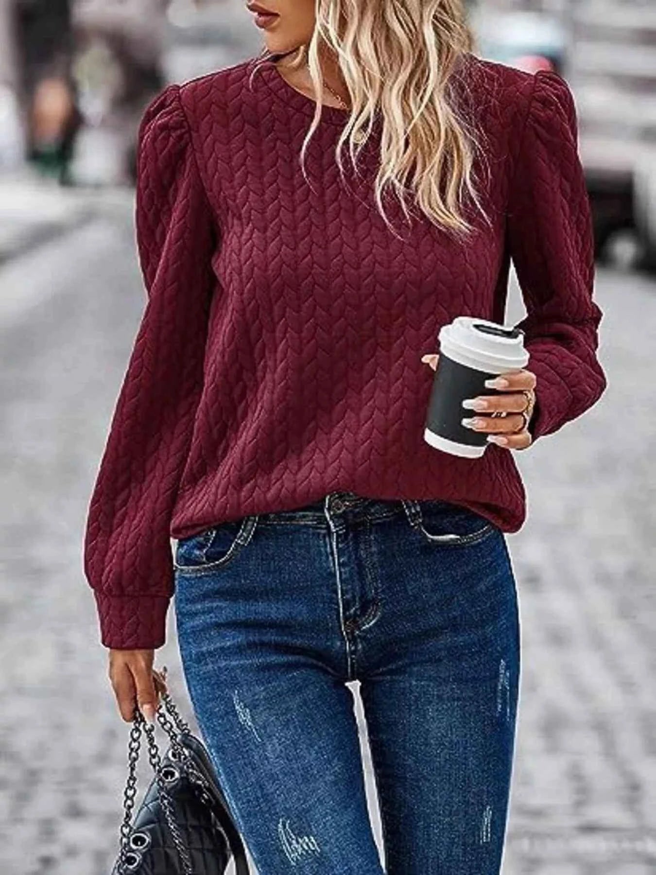 Texture Round Neck Long Sleeve Sweatshirt Burgundy 7ebbd405bfcf4510bacdce837aa5bf6a-Max-Origin