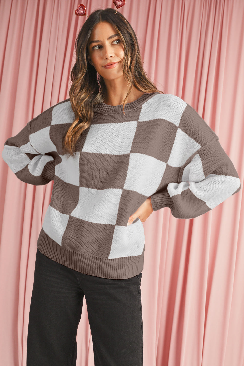Pink Checked Bishop Sleeve Pullover Sweater 7ebe54fb93714e5e