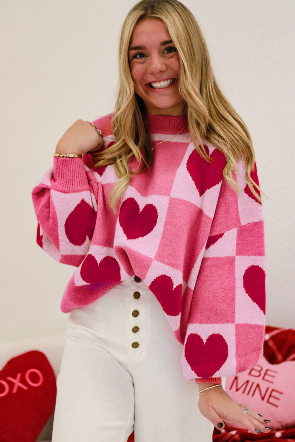 Pink Love Heart Checkered Valentine Knit Sweater 7ece7aa5fecb7042