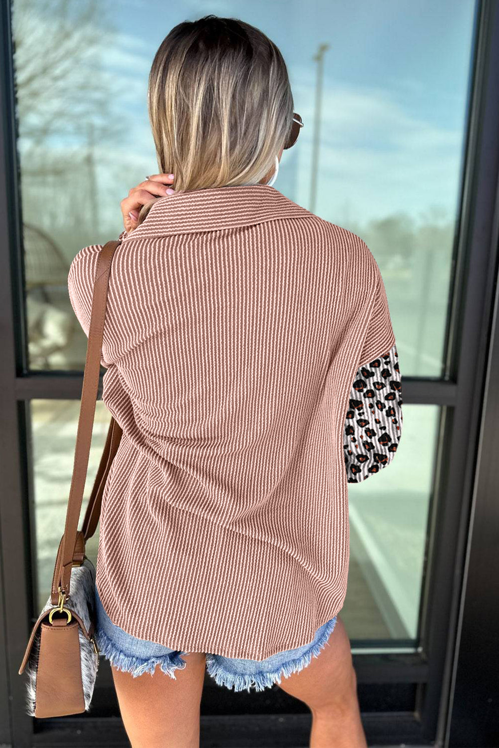 Dark Khaki Leopard Patchwork Twisted Ribbed Casual Shacket 7ed4e898eb2bd139