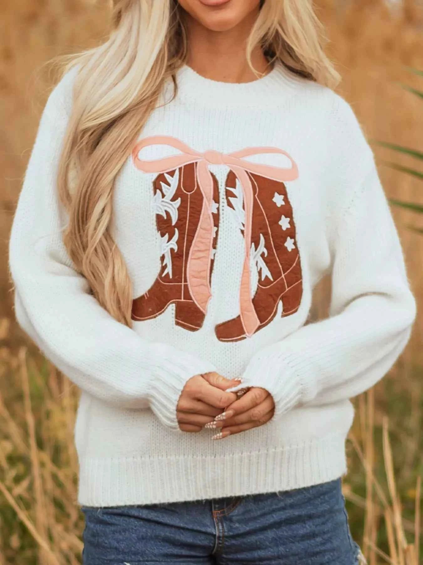 Embroidered Bow Boots Graphic Drop Shoulder Sweater 7ed54af3-8533-434d-b4a9-fd5eec658fe2-Max-Origin