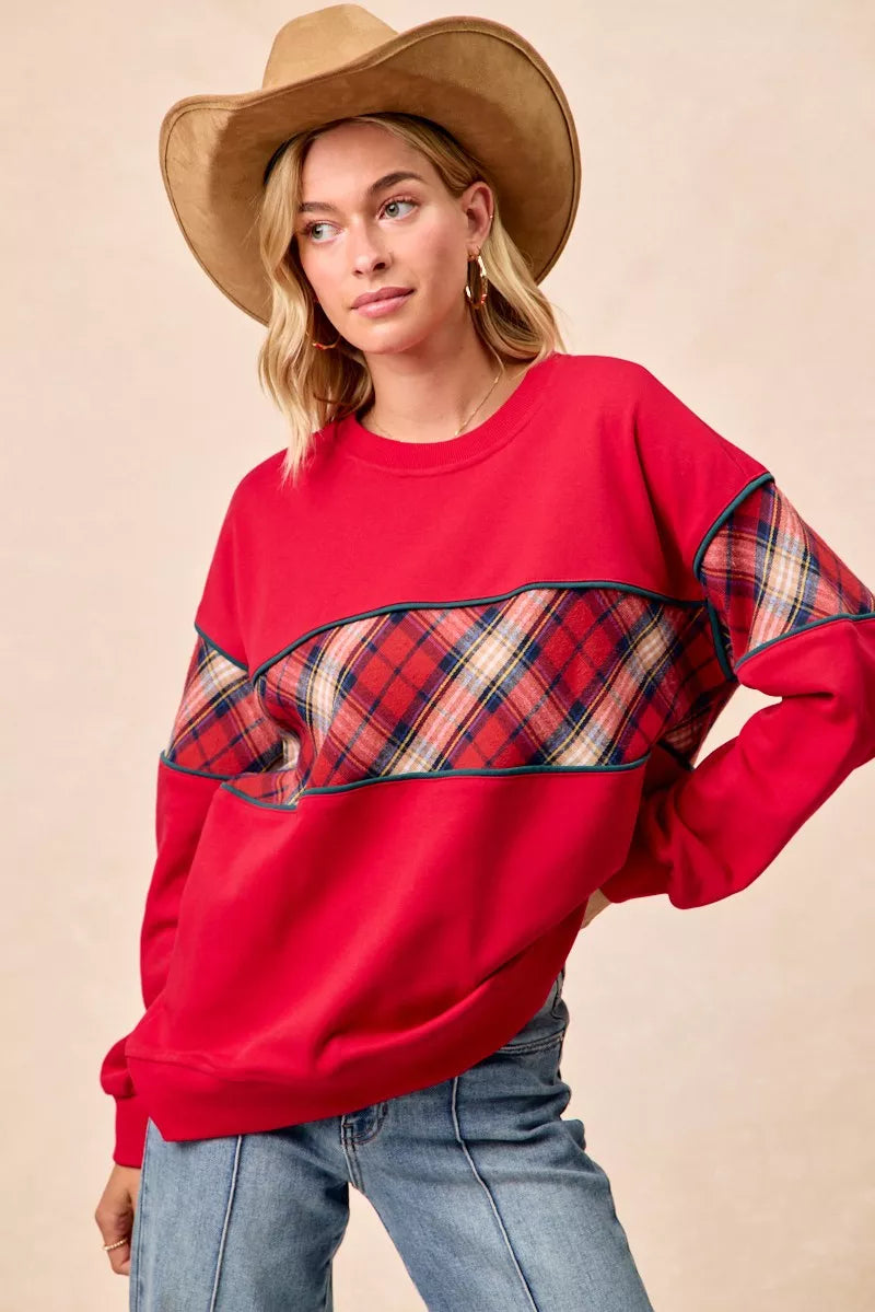 BiBi Christmas Theme Plaid Block Sweatshirt with Binding 7ee69569a9444785bf7d991245e4b2a3-Max-Origin