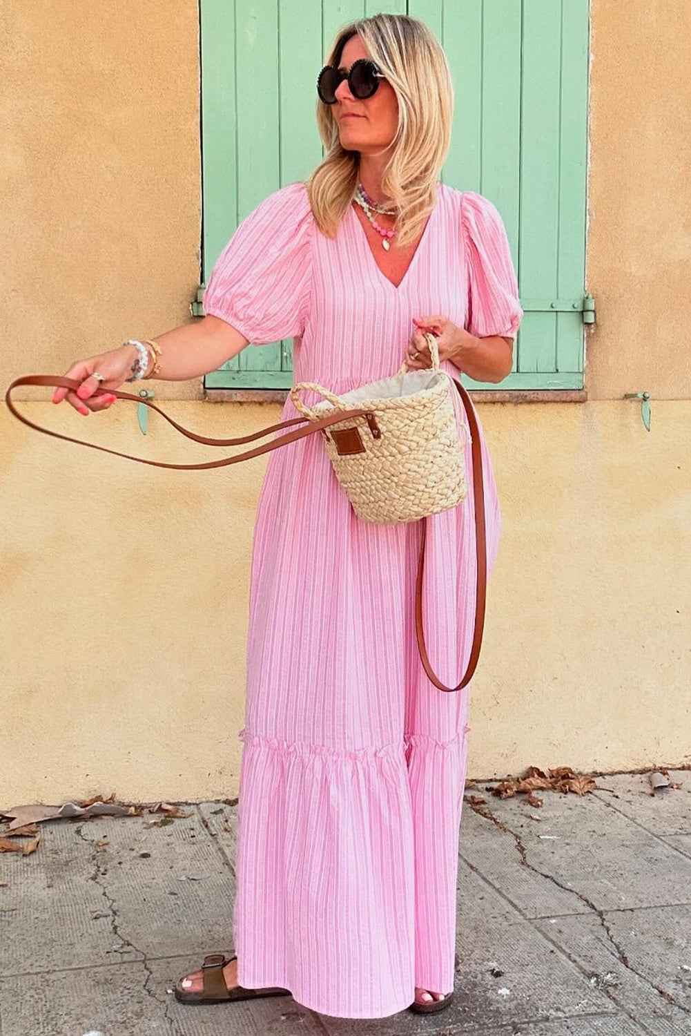 Pink Striped V Neck Puff Sleeve Frill Tiered Maxi Dress 7eea047c19166166