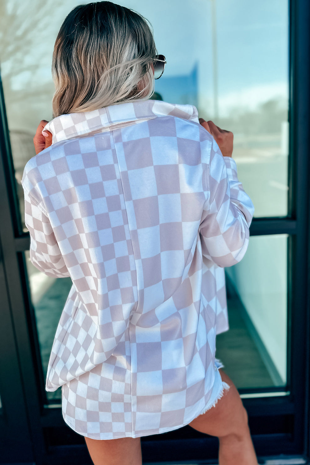 Khaki Checkerboard Flap Pocket Button Front Shacket 7f1412aaa3211cdf