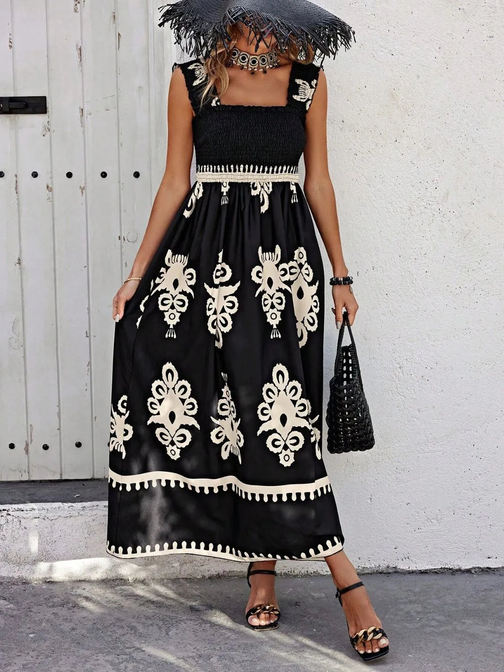 Smocked Printed Wide Strap Maxi Dress Black 7f224e01-51fc-4153-a69a-c2b1b6665e47-Max-Origin