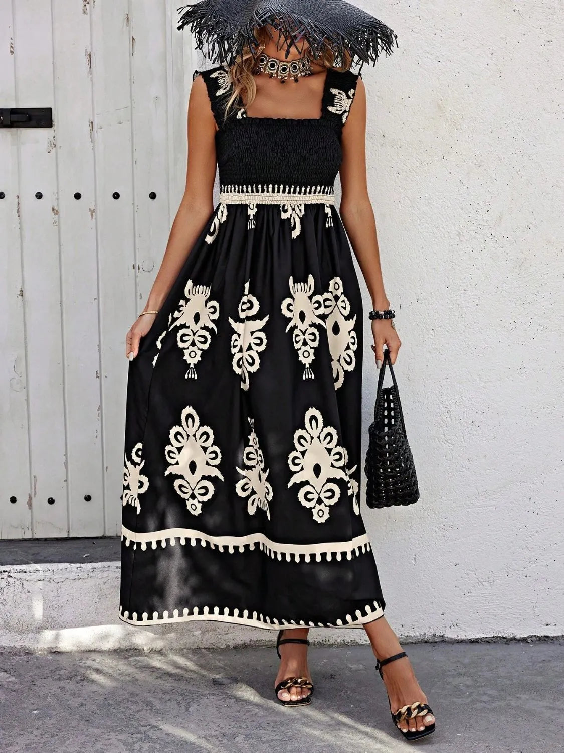 Smocked Printed Wide Strap Maxi Dress Black 7f224e01-51fc-4153-a69a-c2b1b6665e47-Max-Origin