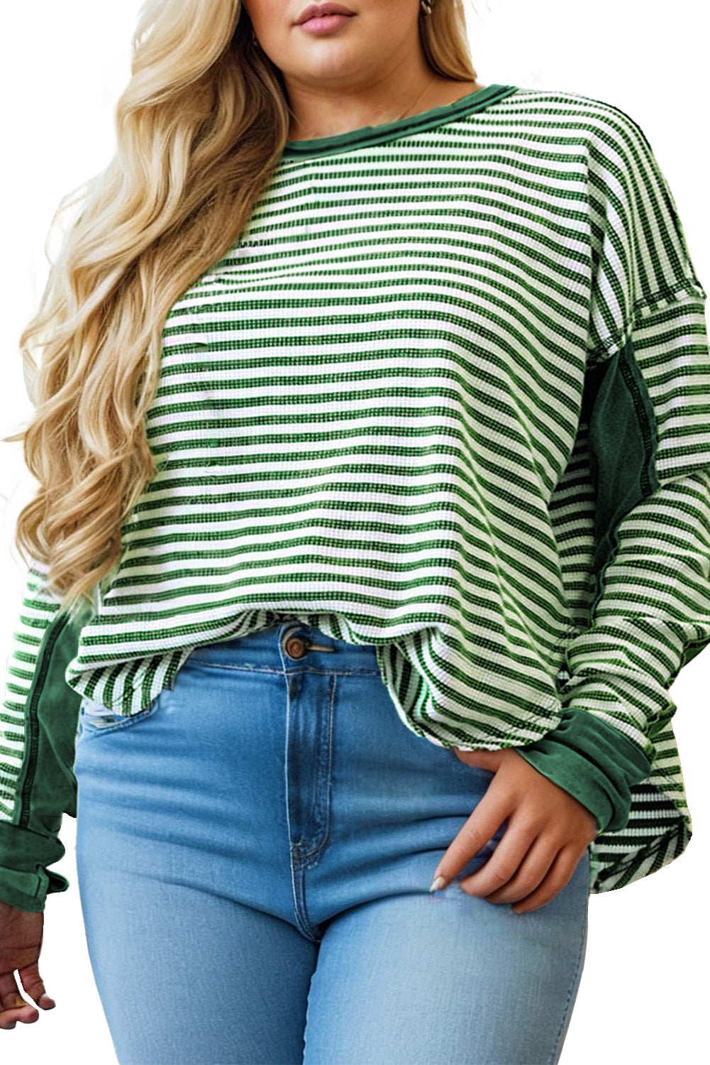 Green Stripe Exposed Seam Patchwork Plus Size Thermal Waffle Top Green Stripe 95%Polyester+5%Elastane 7f2b18b2d088d55d