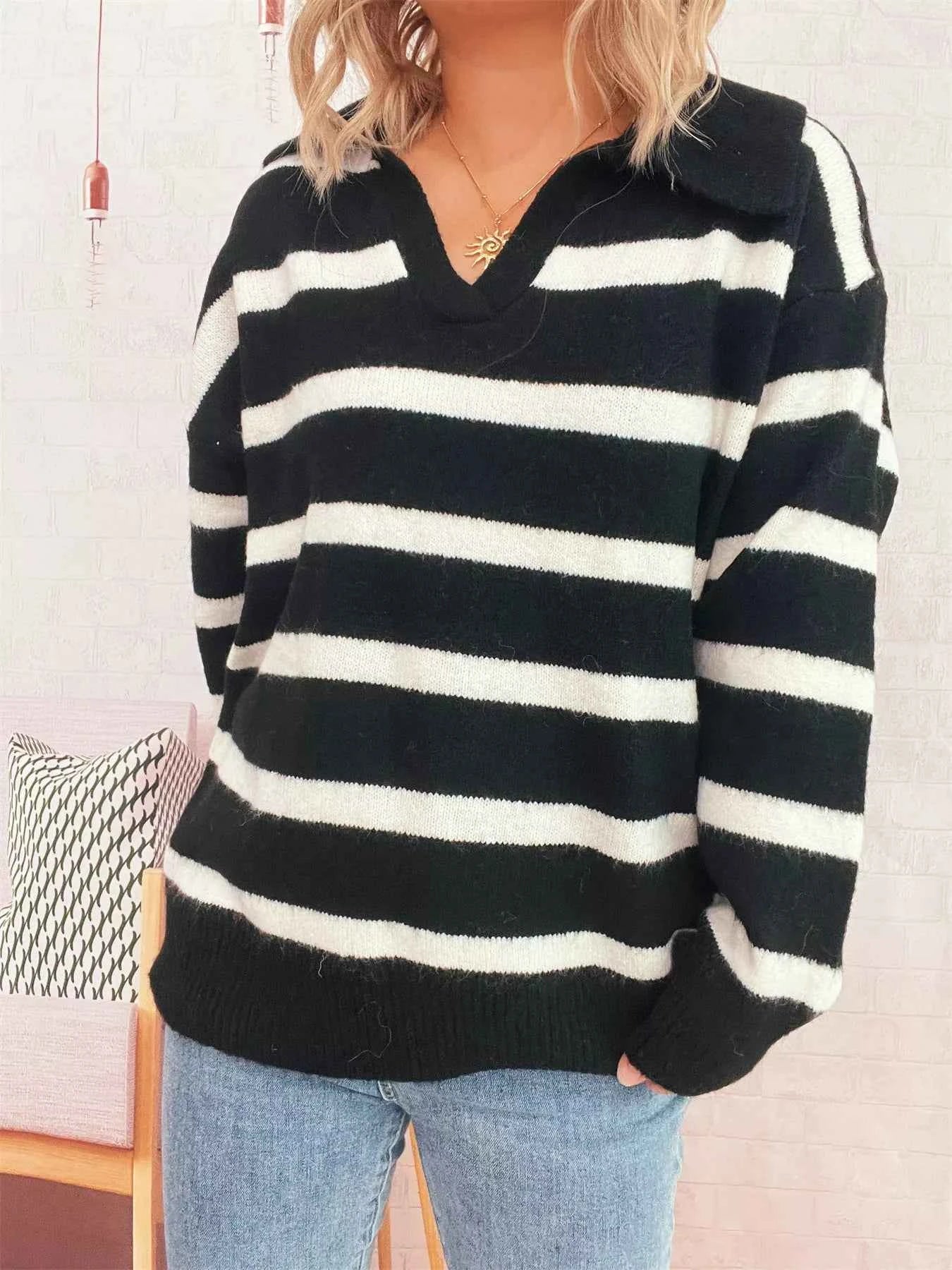 Striped Dropped Shoulder Sweater Black One Size 7f5f52477aa64b43a65dec7ebfd0c6b9-Max-Origin