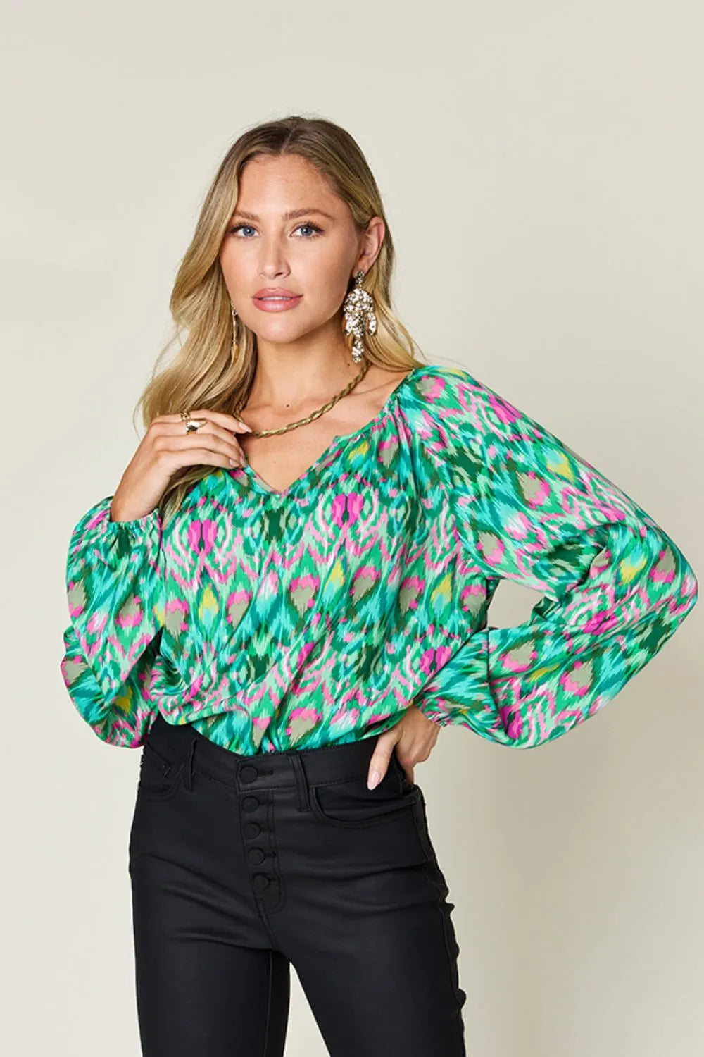 Double Take Full Size Printed Balloon Sleeve Blouse Green 7f981e90-64e8-42ca-850e-74a0c6a931d5-Max