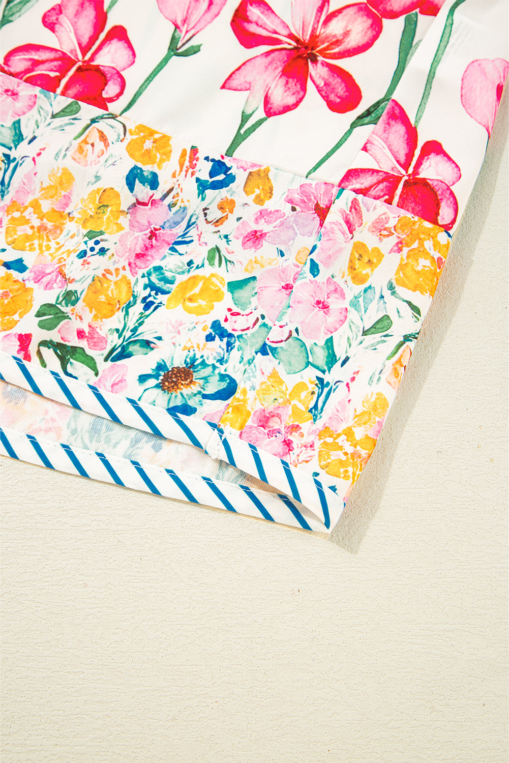 Pink Plus Size Floral Print Striped Trim V Neck Blouse 7f9b0d79204bfd8f