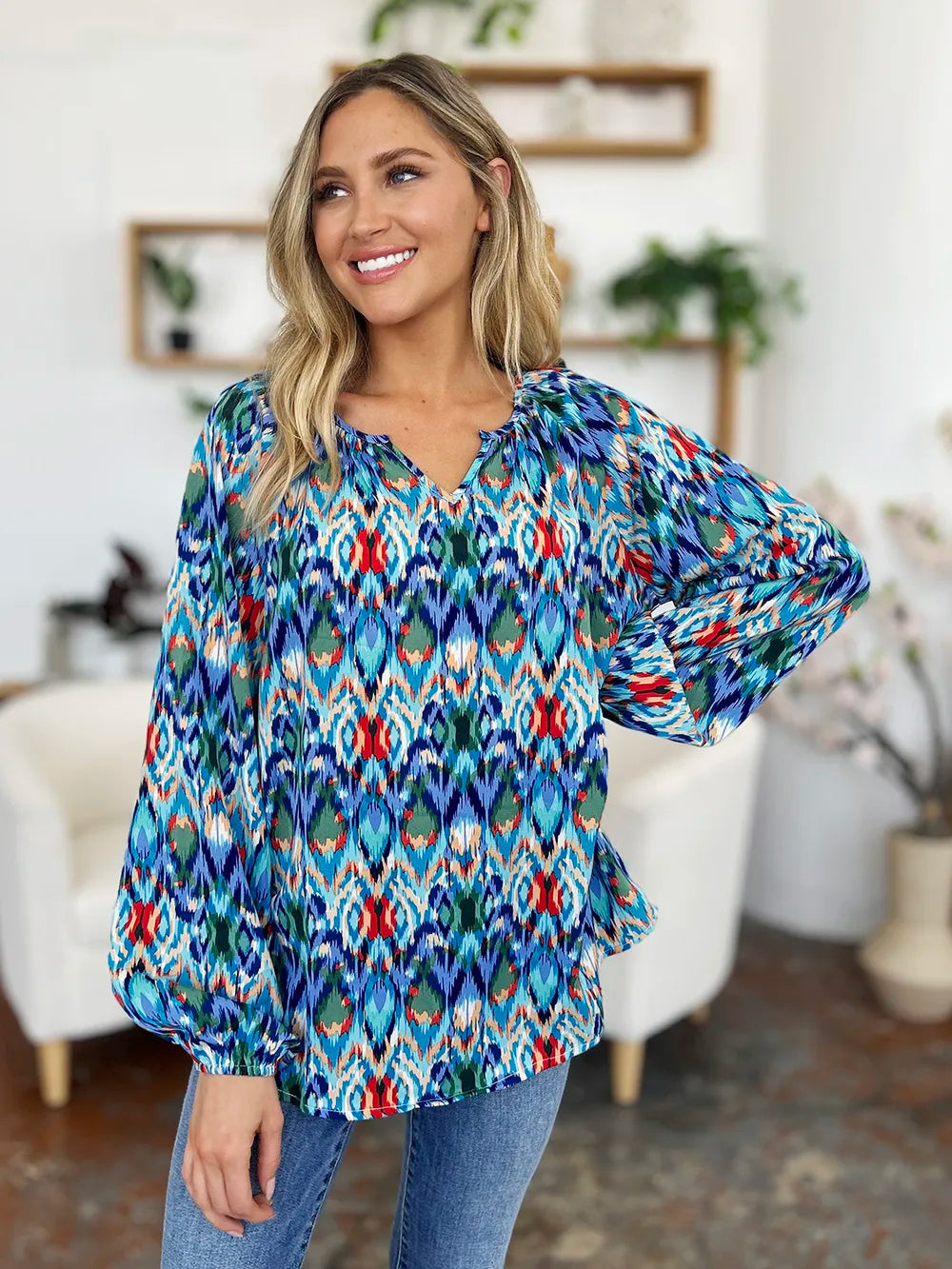 Double Take Full Size Printed Balloon Sleeve Blouse 7fa91e29-d895-40bb-9977-f94acf634561-Max
