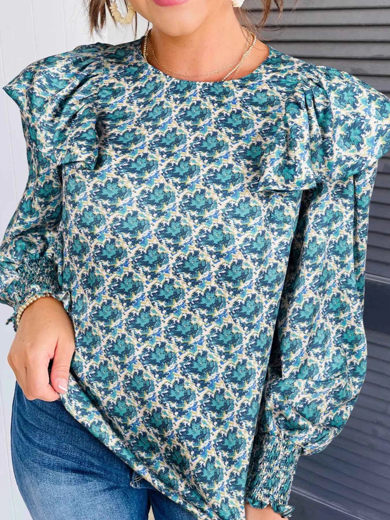 Abstract Print Shirred Cuff Ruffled Puff Sleeve Blouse Turquoise 7fbe617cbbe443408a83e0416e95e302-Max-Origin