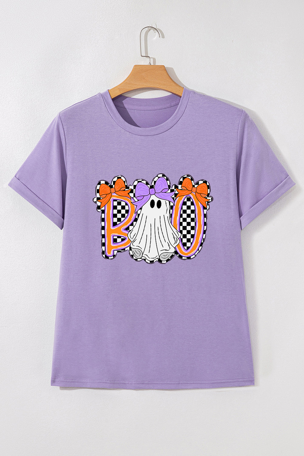Wisteria Boo Checkered Ghost Heat Transfer Printing Crewneck Graphic Tee Wisteria 62%Polyester+32%Cotton+6%Elastane 7fcc6c44cd4fae07