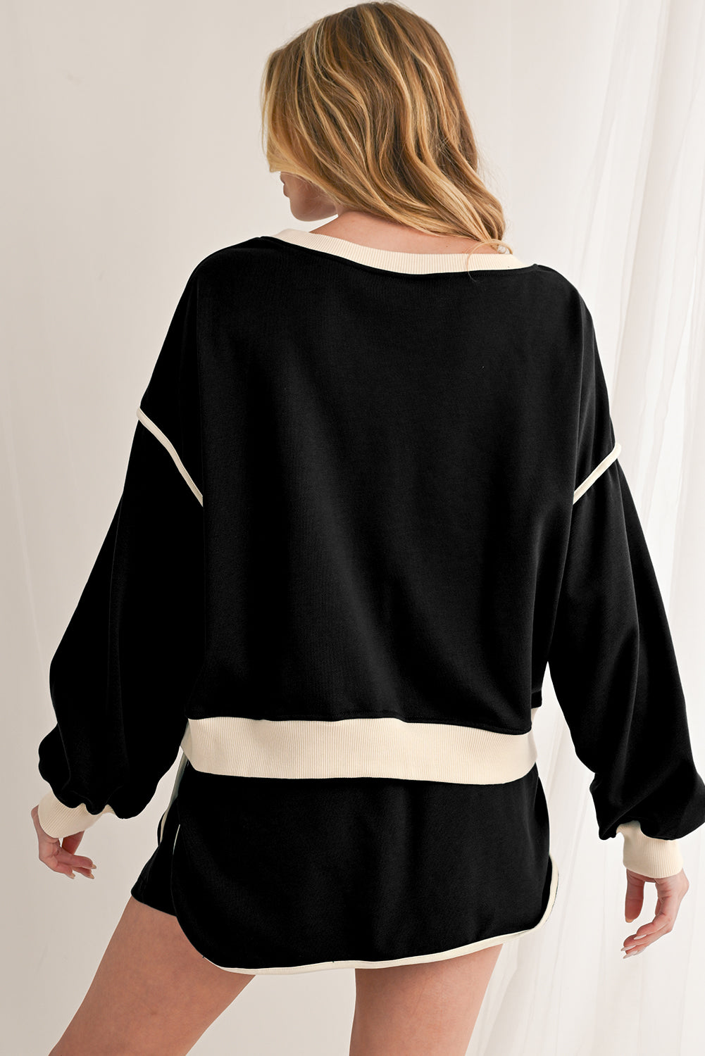 Rose Red Contrast Trim Loose Pullover and Lace-up Waist Shorts Set 7fce7e978bd189bd