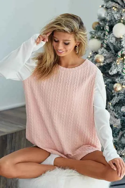 BiBi Cable Sweater Knit Top with Contrast Puff Sleeve 7fce80685d7148519b8689e26dc7f666-Max-Origin