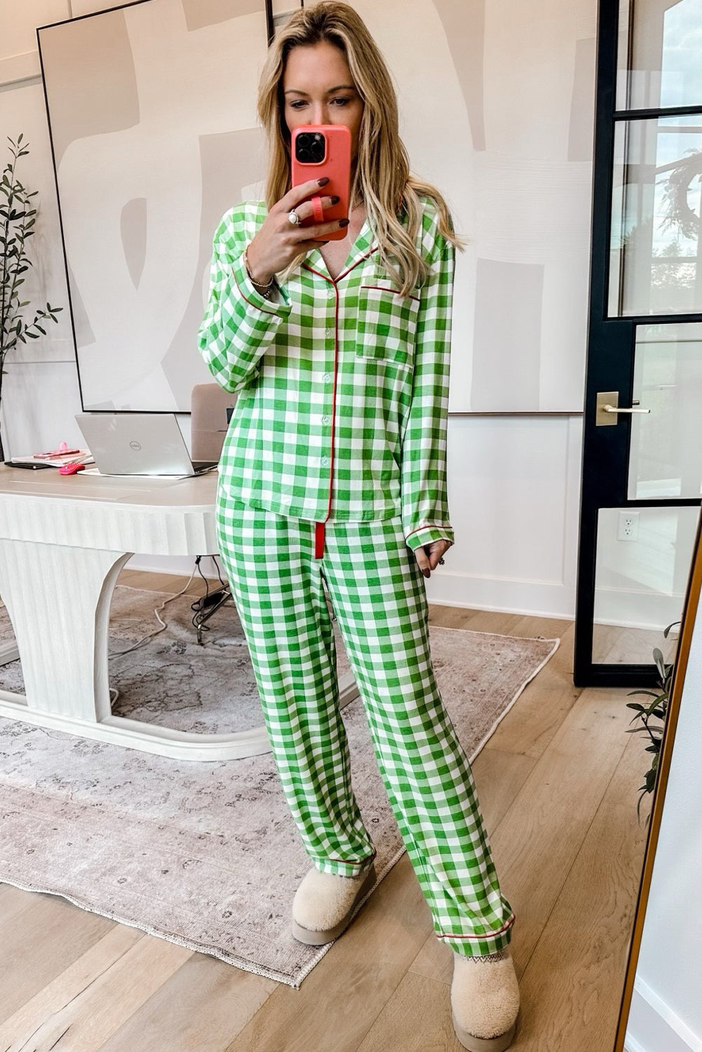 Light Green Plaid Print Shirt and Drawstring Pants Pajama Set 7fd1634da9138bed