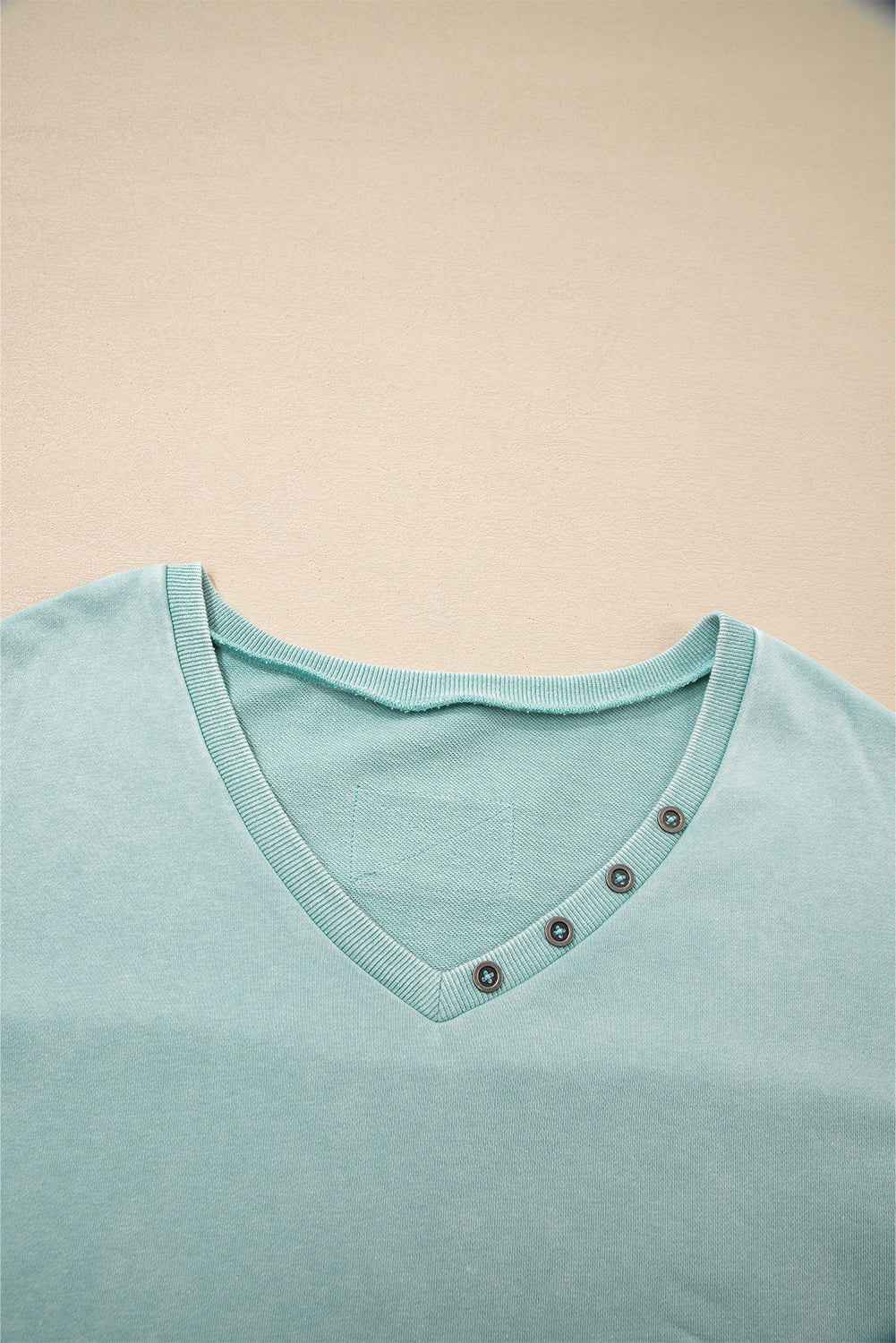 Mist Blue Mineral Wash Exposed Seam Buttoned V Neck Pullover Top 7fd8d2e035f51772