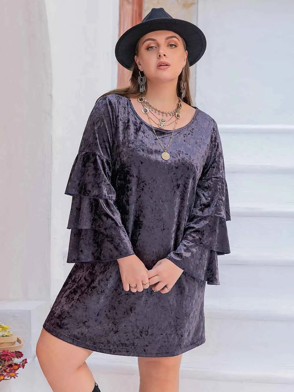 Plus Size Round Neck Flounce Sleeve Mini Dress 8000631c-fe10-4fa1-9f9d-306664cb990b-Max