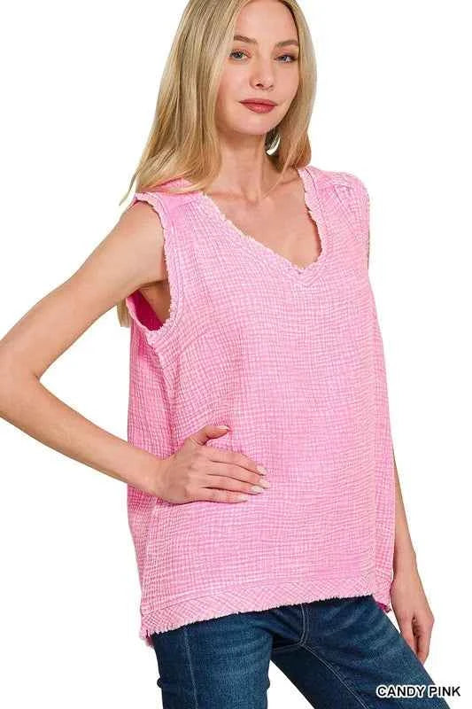 Zenana Double Gauze Raw Edge Acid Washed Tank CANDY PINK 80019761da534a0db0262e402d305842-Max-Origin