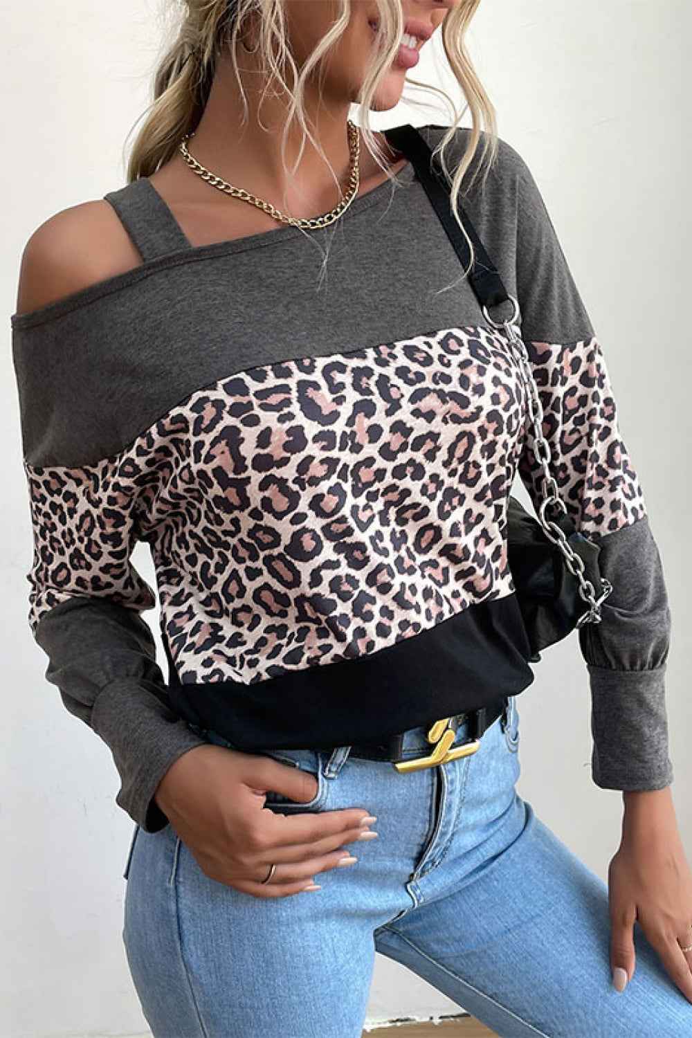 Perfee Leopard Print Color Block Cold Shoulder Top Gray Black Leopard 8003179d5a2246ad81648e8dae89d326-Max
