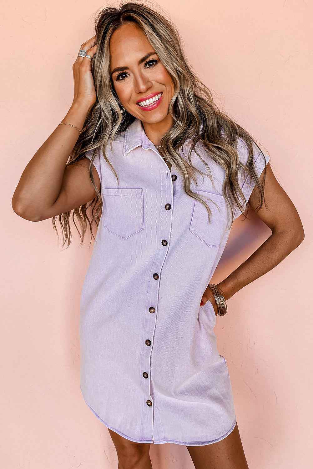 Orchid Petal Double Chest Pocket Denim Shirt Dress 8004d9b67df309d7