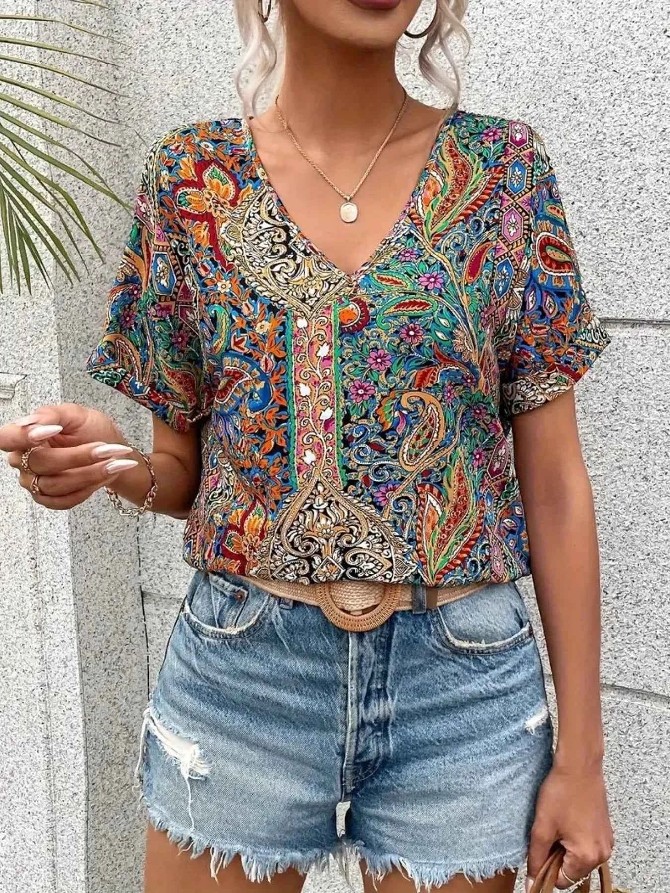 Bohemian Paisley Print V-Neck Short Sleeve T-Shirt 8015d24e-cb81-4a98-8510-44c193feb18f-Max-Origin_91174dde-1317-4650-9e06-562b1488ba20