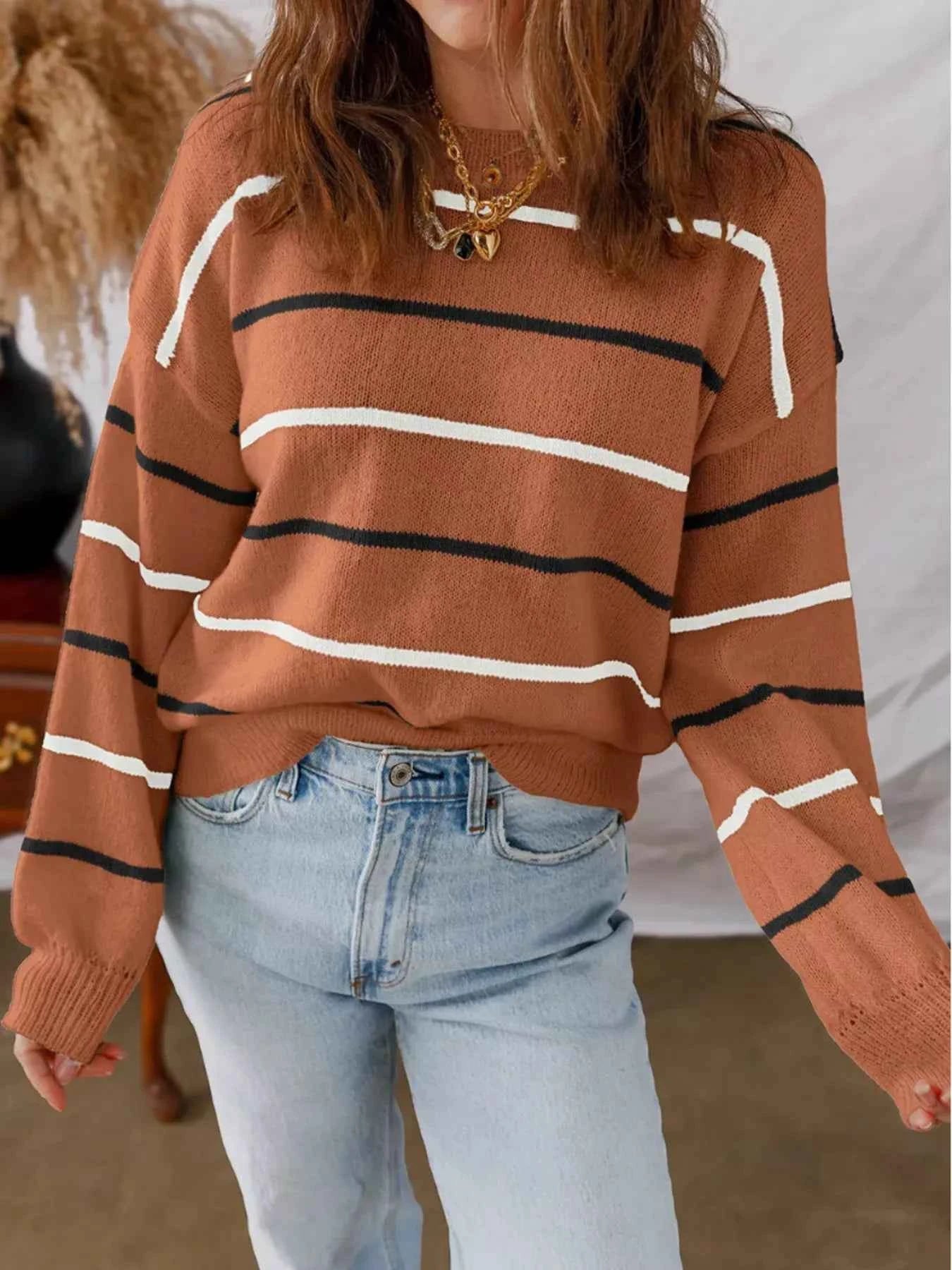 Striped Round Neck Drop Shoulder Sweater Brown 803718ad2a3b4b9d866b70e241074c05-Max-Origin