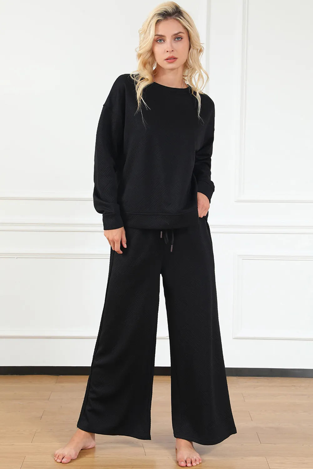 Double Take Full Size Textured Long Sleeve Top and Drawstring Pants Set Black 8038060a0ed24a66a98c1356b59679e4-Max