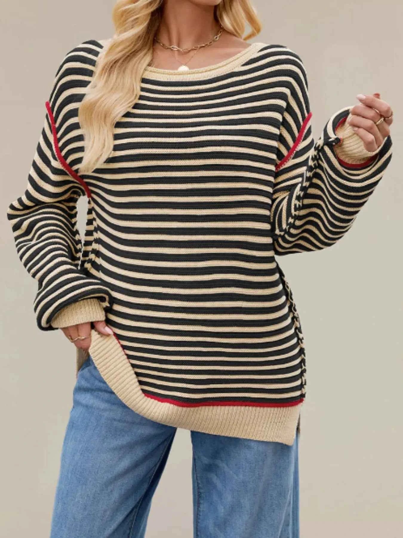 Slit Striped Oversized Sweater Apricot 803da9a6-0947-4a57-811b-1454e987d427-Max-Origin