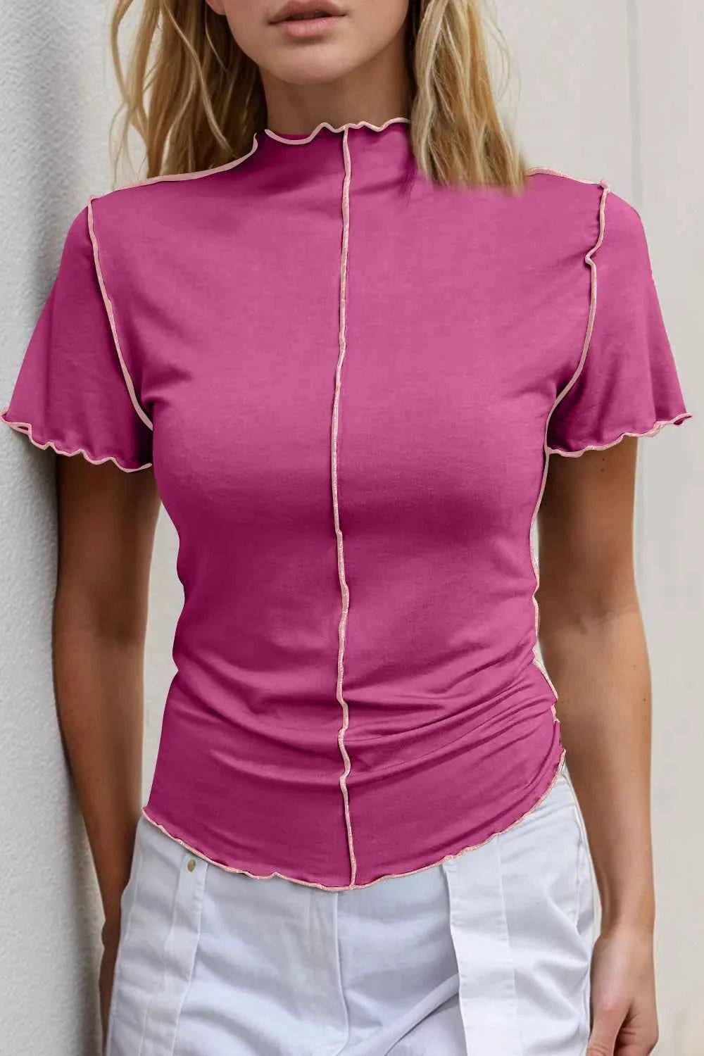 Basic Bae Contrast Trim Mock Neck Short Sleeve T-Shirt Hot Pink 8042e8b8-9ef1-4cd8-9575-8376a0dafc89-Max