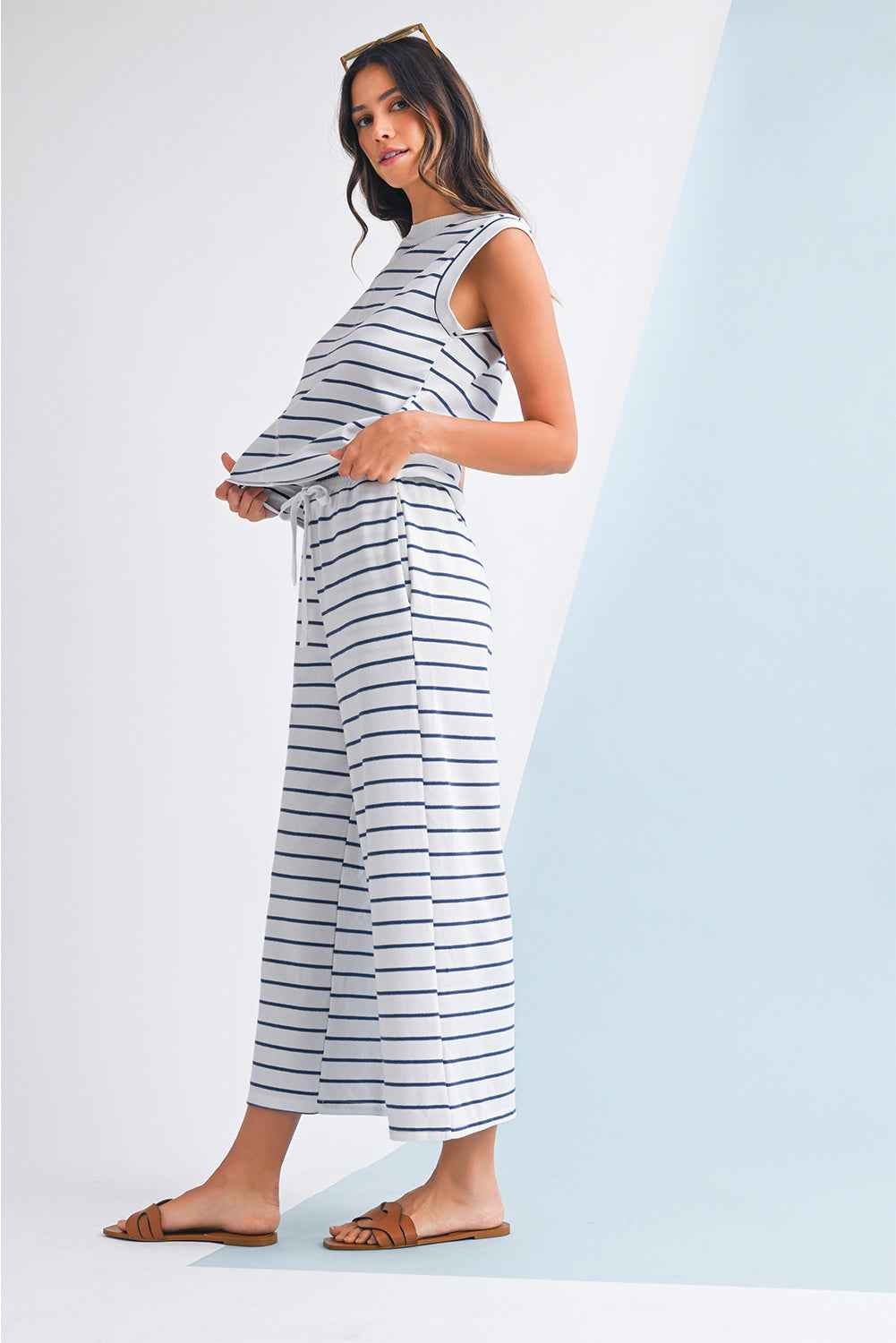 Sail Blue Casual Striped Tee and Wide Leg Pants Set 8050b4ae20ac6508