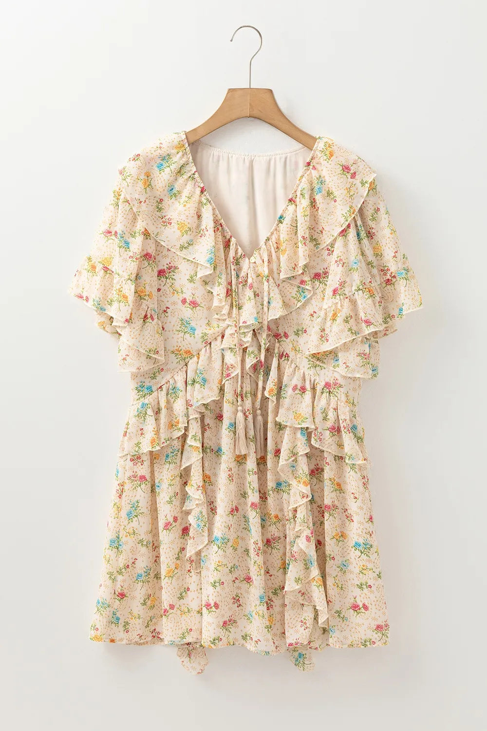 Boho Floral Tassel Tie V Neck Ruffle Wide Sleeve Mini Dress 80542186-c6c8-4a0c-af1a-a7f820e468ac-Max-Origin